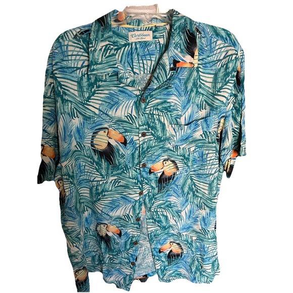 Caribbean Men's Camp Shirt Size XLT Blue Silk Blend Toucan Hawaiian‎ Tropical - Picture 1 of 10